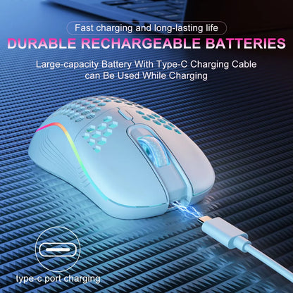 2.4G Wireless Mouse with RGB Backlit 6-Button 3-Speed DPI Type C Rechargeable Ergonomic Honeycomb Design Gaming Mouse