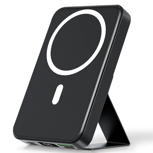 2026 US Spring Glow up Campaign 10000Mah Magnetic Power Bank Wireless Portable Charger with USB-C Cable LED Display Foldable Battery Pack for Iphone17/ 16/15/14/13/12/Pro/Pro Max Series Charging Compact Silicone Black