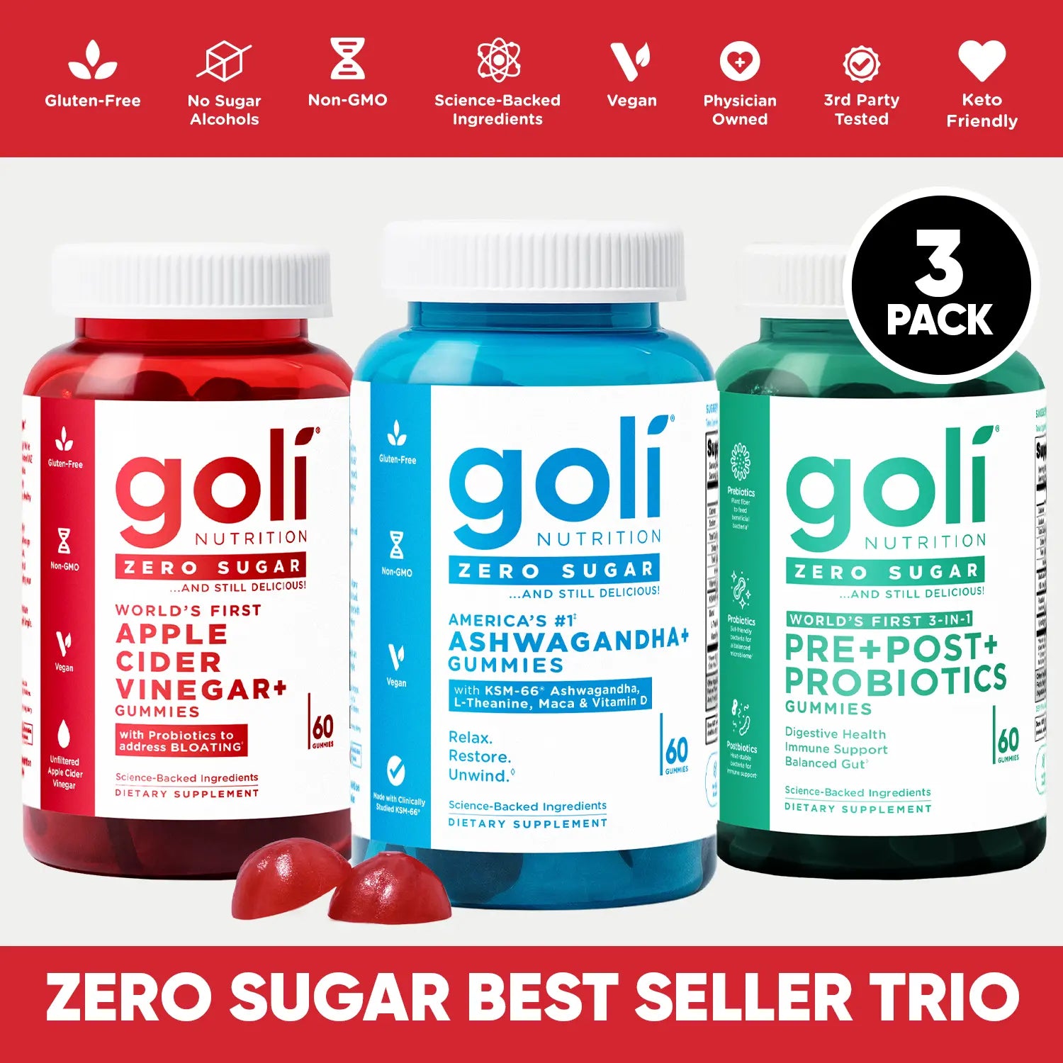 Zero Sugar Best Seller Trio - World'S First 3-In-1 Pre, Post, Probiotic, Apple Cider Vinegar with Vitamin B12 and Probiotics to Address Bloating, Ashwagandha & L-Theanine, Vitamin D Gummies. Gluten-Free, Vegan, Non-Gmo & Gelatin-Free